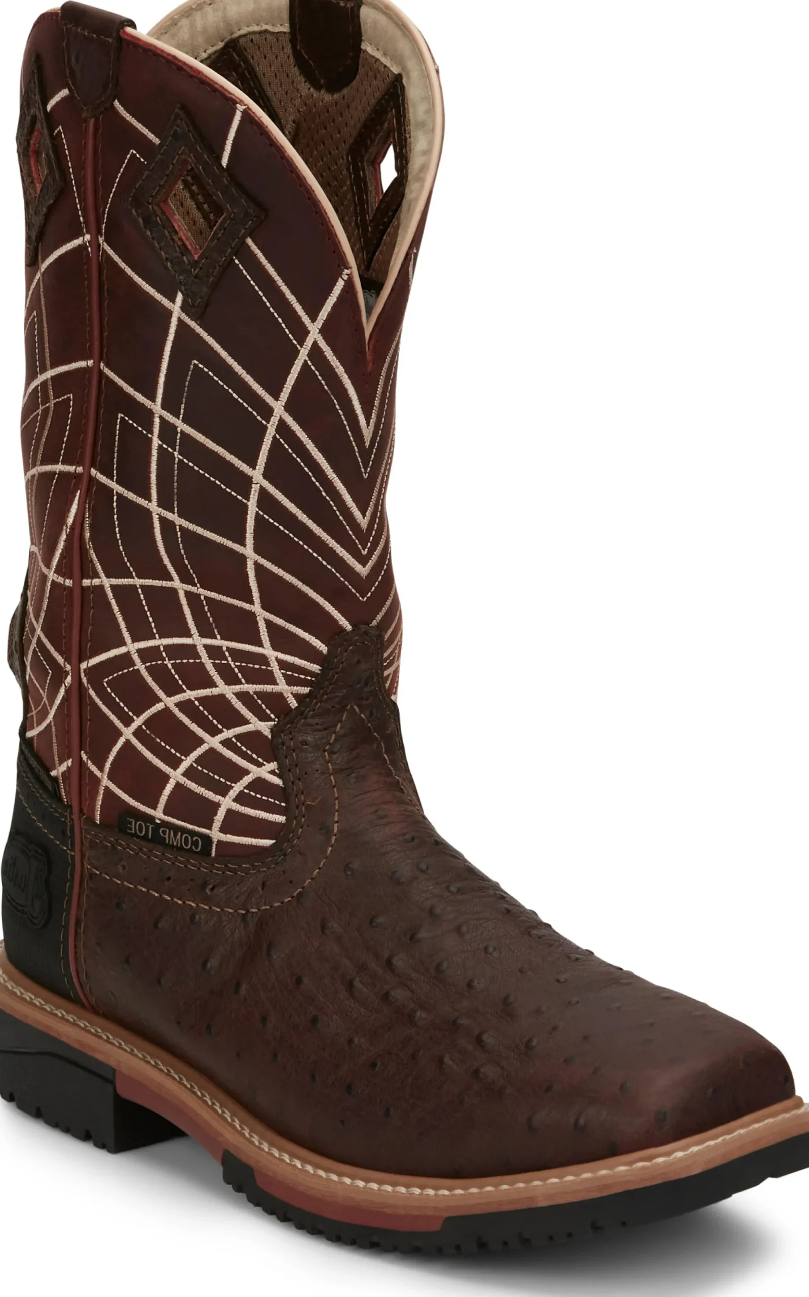 Justin Boots Derrickman 12" Waterproof Comp Toe Walnut Ostrich Print Sale
