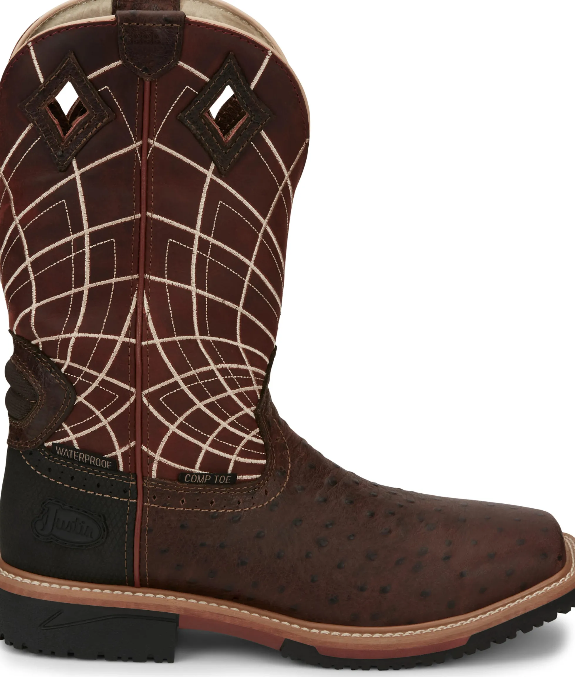 Justin Boots Derrickman 12" Waterproof Comp Toe Walnut Ostrich Print Sale
