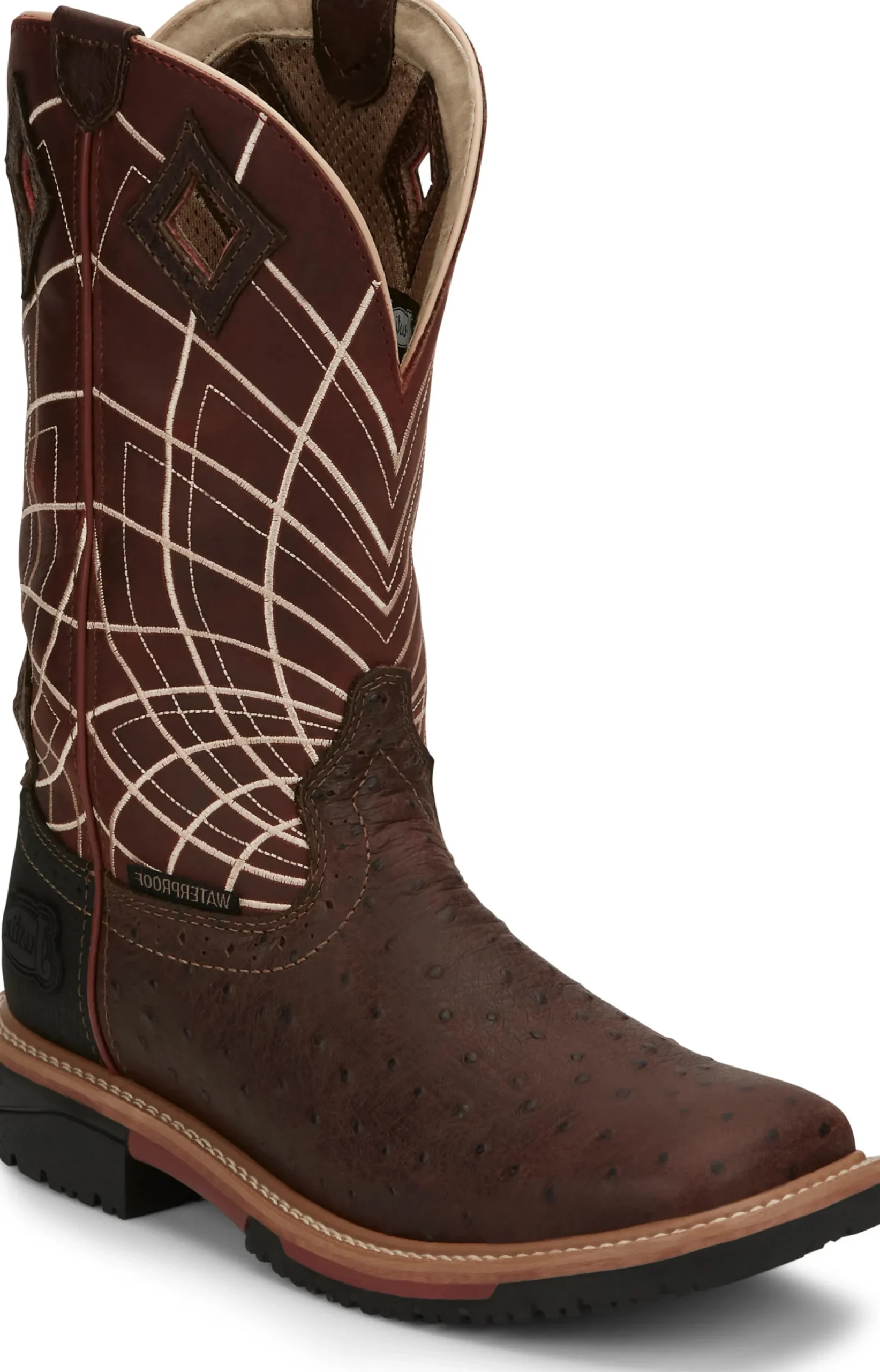Justin Boots Derrickman 12" Waterproof Brown Ostrich Print Hot