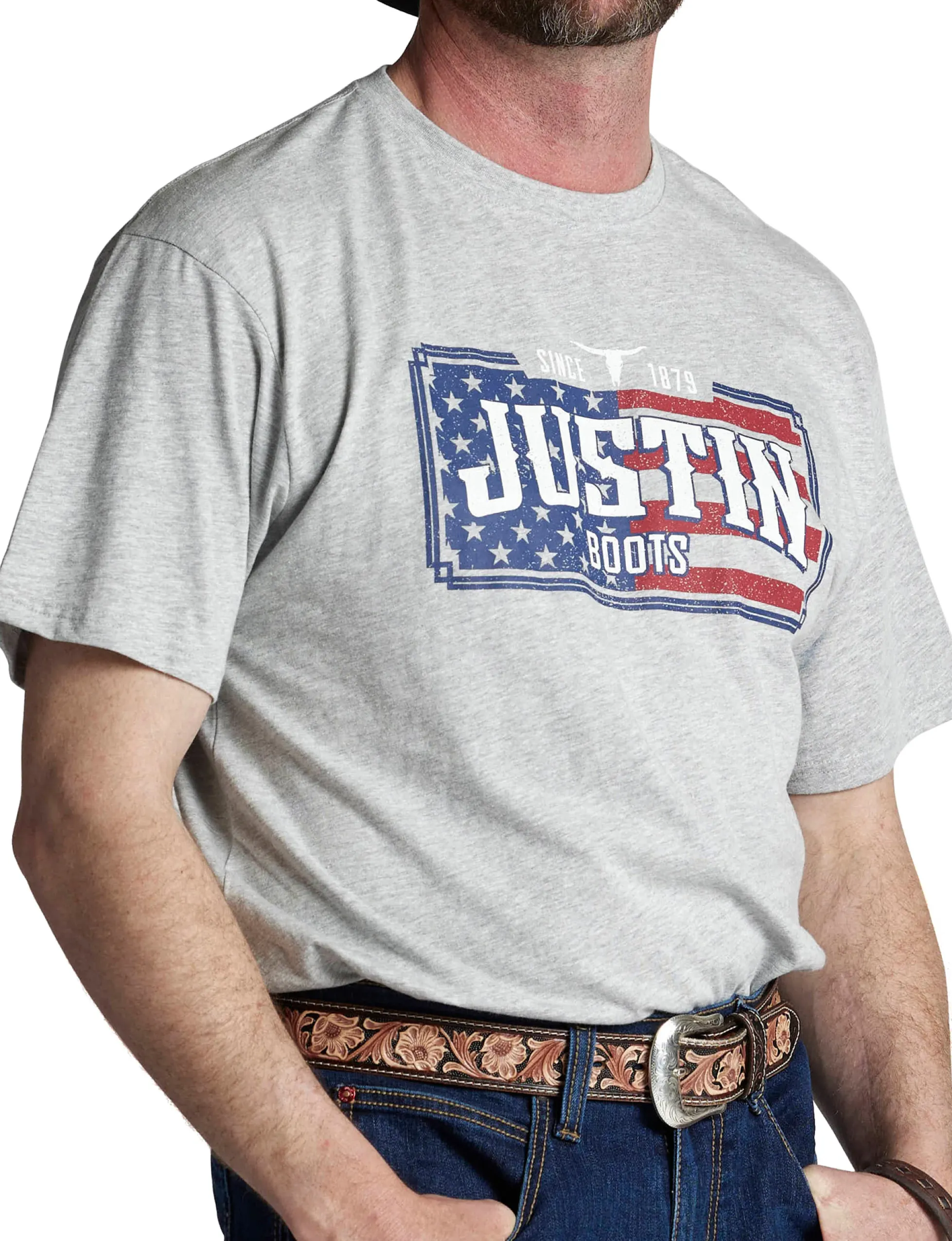 Justin Boots Justin Men's License Plate Flag Tee Grey Hot
