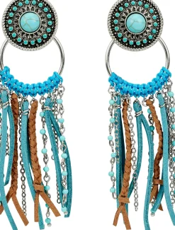 Justin Boots Concho Earrings With Fringe Turquoise New